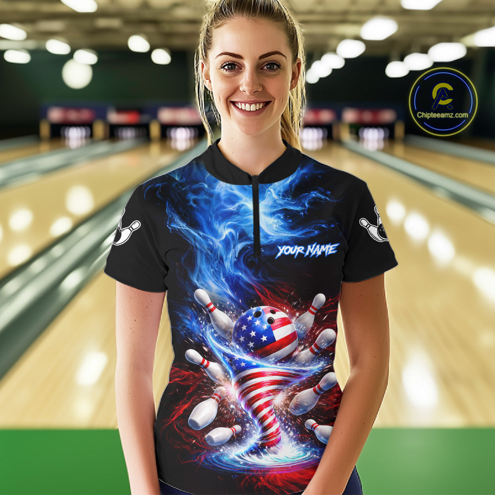 Personalized Fire Flame American Flag Tornado Bowling Team Shirts For Women Patriotic Bowling Gifts NYN2723