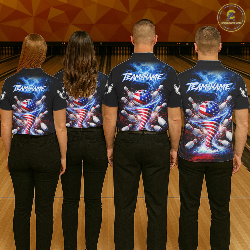 Personalized Fire Flame American Flag Tornado Bowling Team Shirts For Women Patriotic Bowling Gifts NYN2723