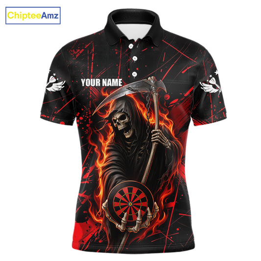 Fire Flame Red Grim Reaper Darts Polo & 1/4-Zip Shirt Custom Red Grunge Dart Jersey For Men NYN3083