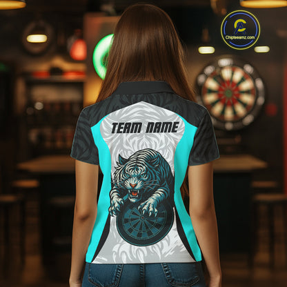 Women’s Darts Team Shirt Turquoise Tiger And Dartboard With Name Option NYN0307