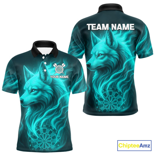 Turquoise Flaming Wolf Dartboard Darts Shirt For Men - Custom Team Jersey For Players NYN0576