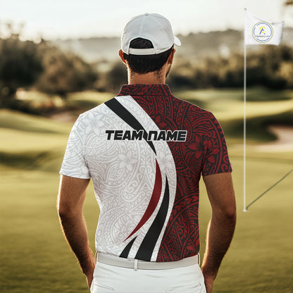 Men's model wearing Tribal Pattern Golf Polo Shirt, personalized golf attire, tribal performance polo, golf club uniform, stylish golf fashion, custom team golf apparel.