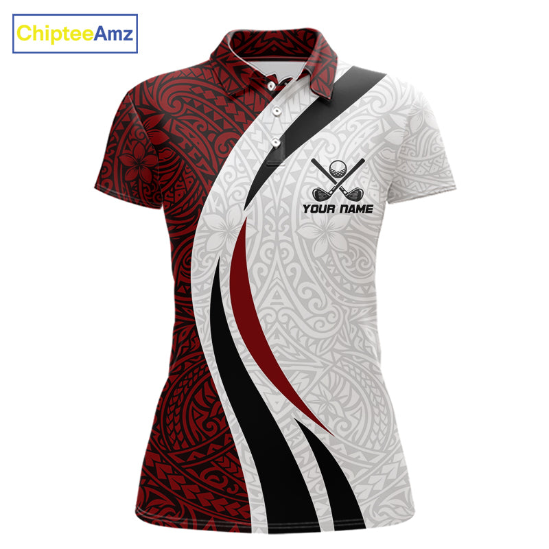 Tribal Pattern Women's Golf Polo Shirt mockup in black, red and white featuring geometric tribal design, personalized women's golf apparel, custom golf team shirt, breathable performance golf polo, modern golf tournament clothing.