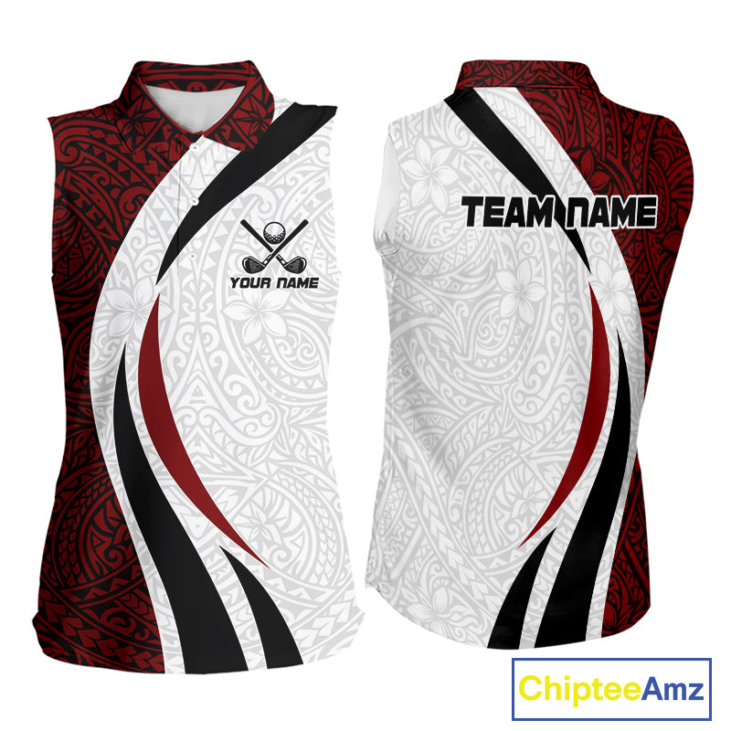 Tribal Pattern Sleeveless Golf Polo Shirt mockup featuring black red white tribal design, personalized golf apparel, custom golf team polo, performance golf clothing, geometric sportswear, golf league uniform, tribal inspired golf fashion.