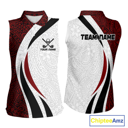 Tribal Pattern Sleeveless Golf Polo Shirt mockup featuring black red white tribal design, personalized golf apparel, custom golf team polo, performance golf clothing, geometric sportswear, golf league uniform, tribal inspired golf fashion.