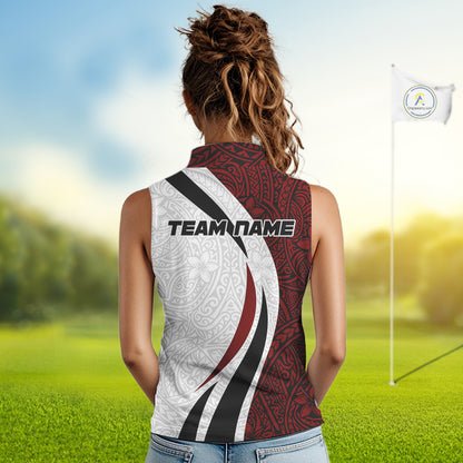 Women's model wearing Tribal Pattern Golf Polo Shirt, modern tribal golf fashion, custom golf team clothing, performance golf apparel, golf lifestyle outfit.