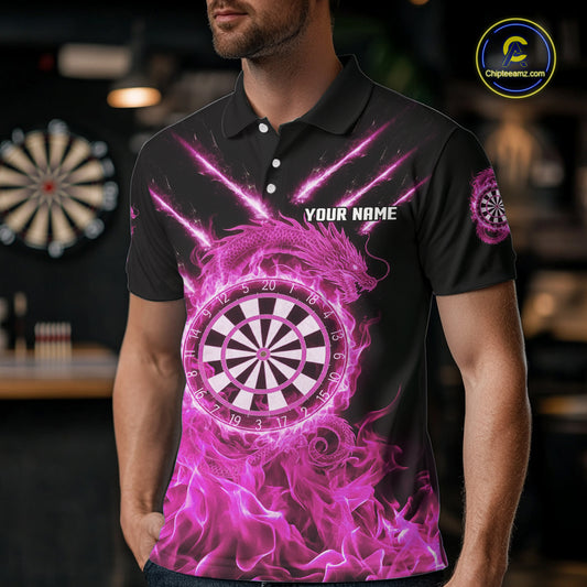 Custom Lightning Dragon Pink Flames Dartboard Dart Men Polo Jerseys Dart Team Shirt NYN1703