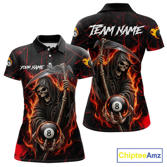 Fire Flame 8 Ball Pool Women Billiard Shirt Custom Red Grunge Grim Reaper Billiard Jersey For Pooler NYN3087