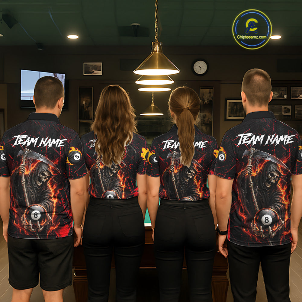 Fire Flame 8 Ball Pool Women Billiard Shirt Custom Red Grunge Grim Reaper Billiard Jersey For Pooler NYN3087