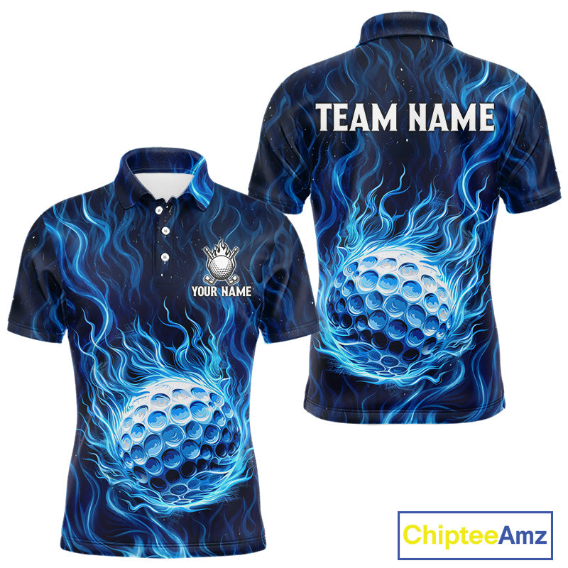 Mens Golf Polo Shirt Personalized Fire Flame Golf Ball Clothing Golf Tops For Golfers | Blue NYN3259