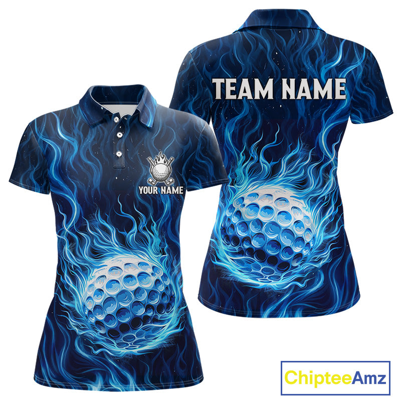 Womens Golf Polo Shirt Personalized Fire Flame Golf Ball Clothing Golf Tops For Golfers | Blue NYN3259