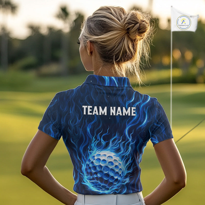 Womens Golf Polo Shirt Personalized Fire Flame Golf Ball Clothing Golf Tops For Golfers | Blue NYN3259