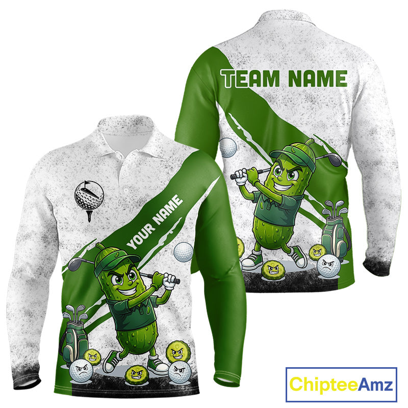 Funny Pickle Mens Golf Polo Team Shirt Custom Green And White Grunge Clothing Golf Tops NYN3261