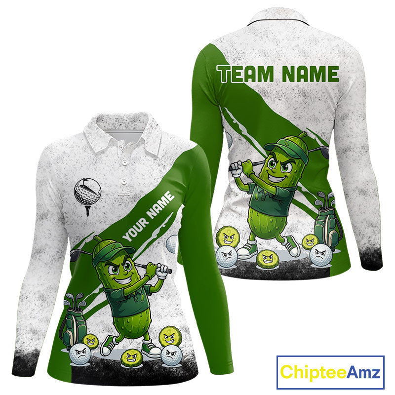 Funny Pickle Womens Golf Polo Team Shirt Custom Green And White Grunge Clothing Golf Tops NYN3261