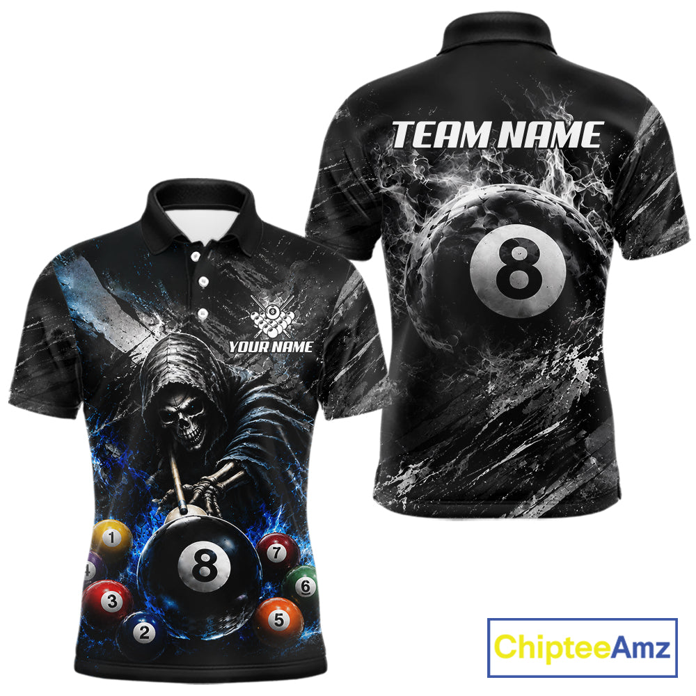 Blue White Smokes Grim Reaper men's billiard polo shirt custom 8 ball pool jersey, personalized billiards team uniform