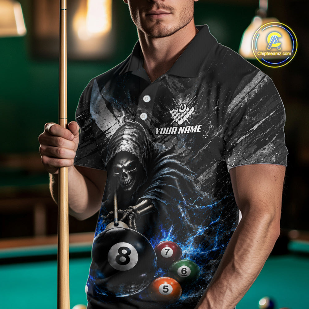 Male billiards player wearing Blue White Smokes Grim Reaper pool jersey during competitive league play