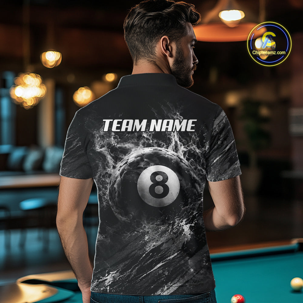 Male billiards player wearing Blue White Smokes Grim Reaper pool jersey during competitive league playv