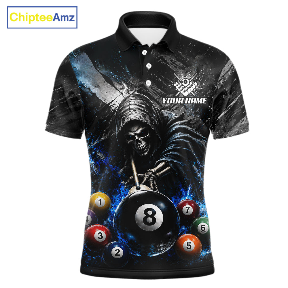 Blue White Smokes Grim Reaper men's billiard polo shirt custom 8 ball pool jersey, personalized billiards team uniform