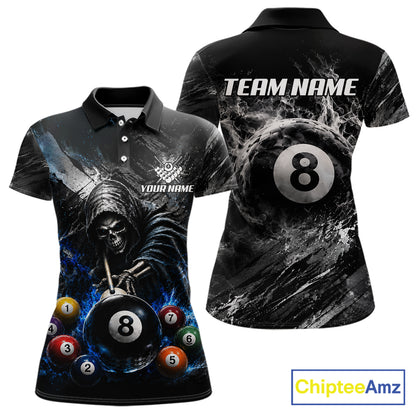 Blue White Smokes Grim Reaper women's billiard polo shirt custom 8 ball pool jersey, personalized billiards team uniform