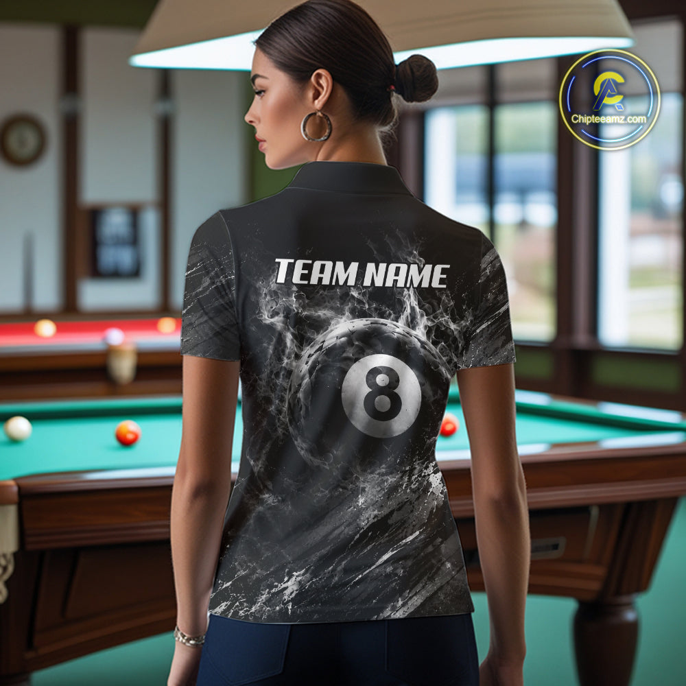 Female billiards player wearing Blue White Smokes Grim Reaper pool jersey during competitive league play