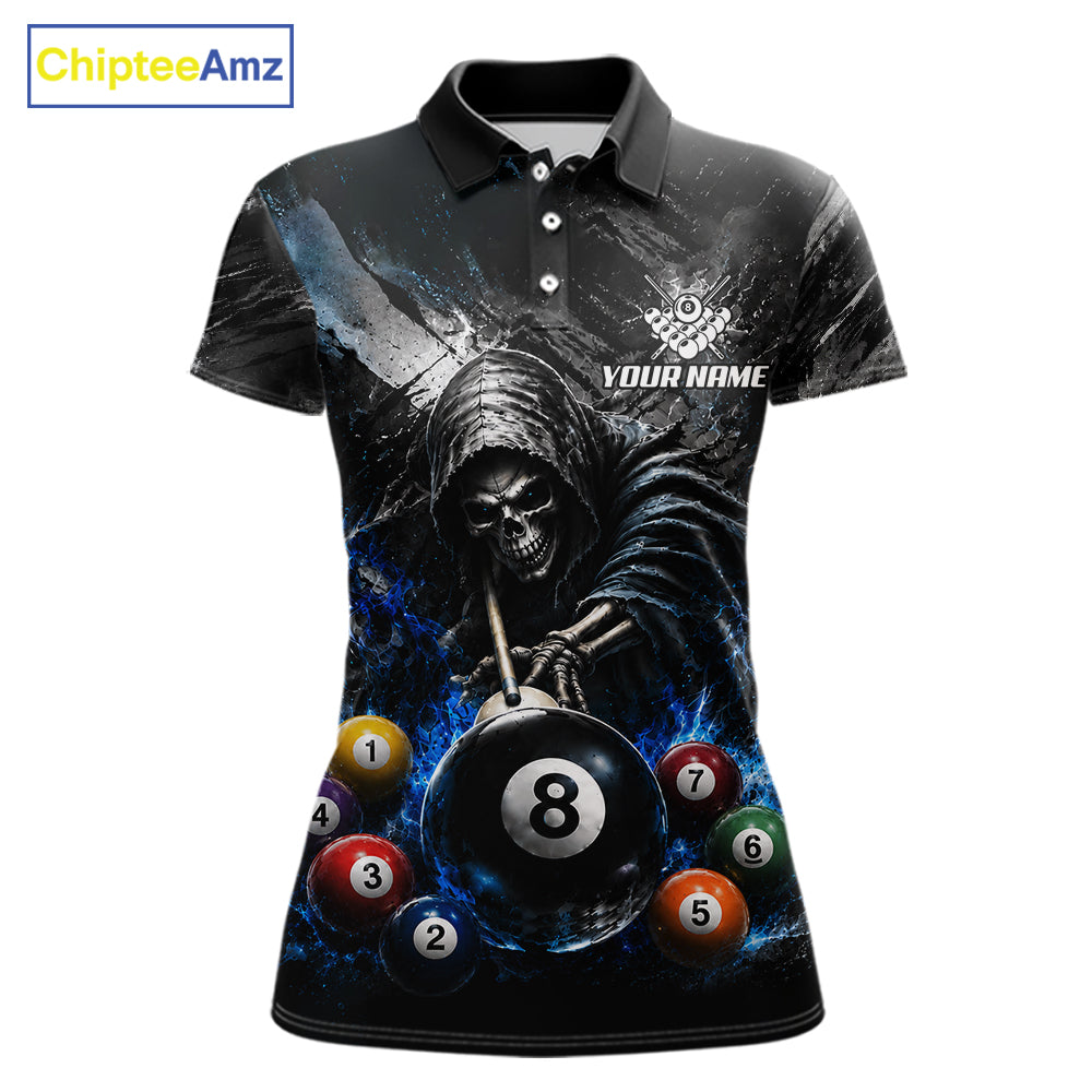 Blue White Smokes Grim Reaper women's billiard polo shirt custom 8 ball pool jersey, personalized billiards team uniform