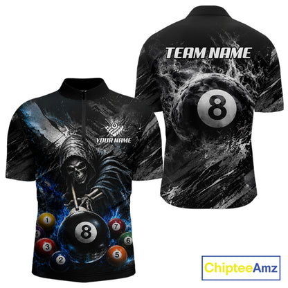 Blue White Smokes Grim Reaper men's quarter zip billiard shirt custom pool team jersey, cue sports apparel
