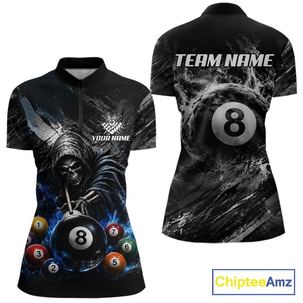Blue White Smokes Grim Reaper women's quarter zip billiard shirt custom pool team jersey, cue sports apparel