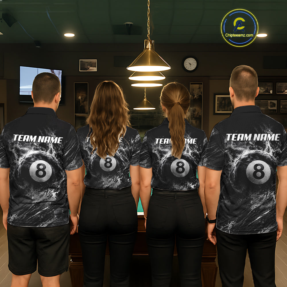 Men women billiard team wearing Blue White Smokes Grim Reaper custom billiards uniforms, personalized team jerseys