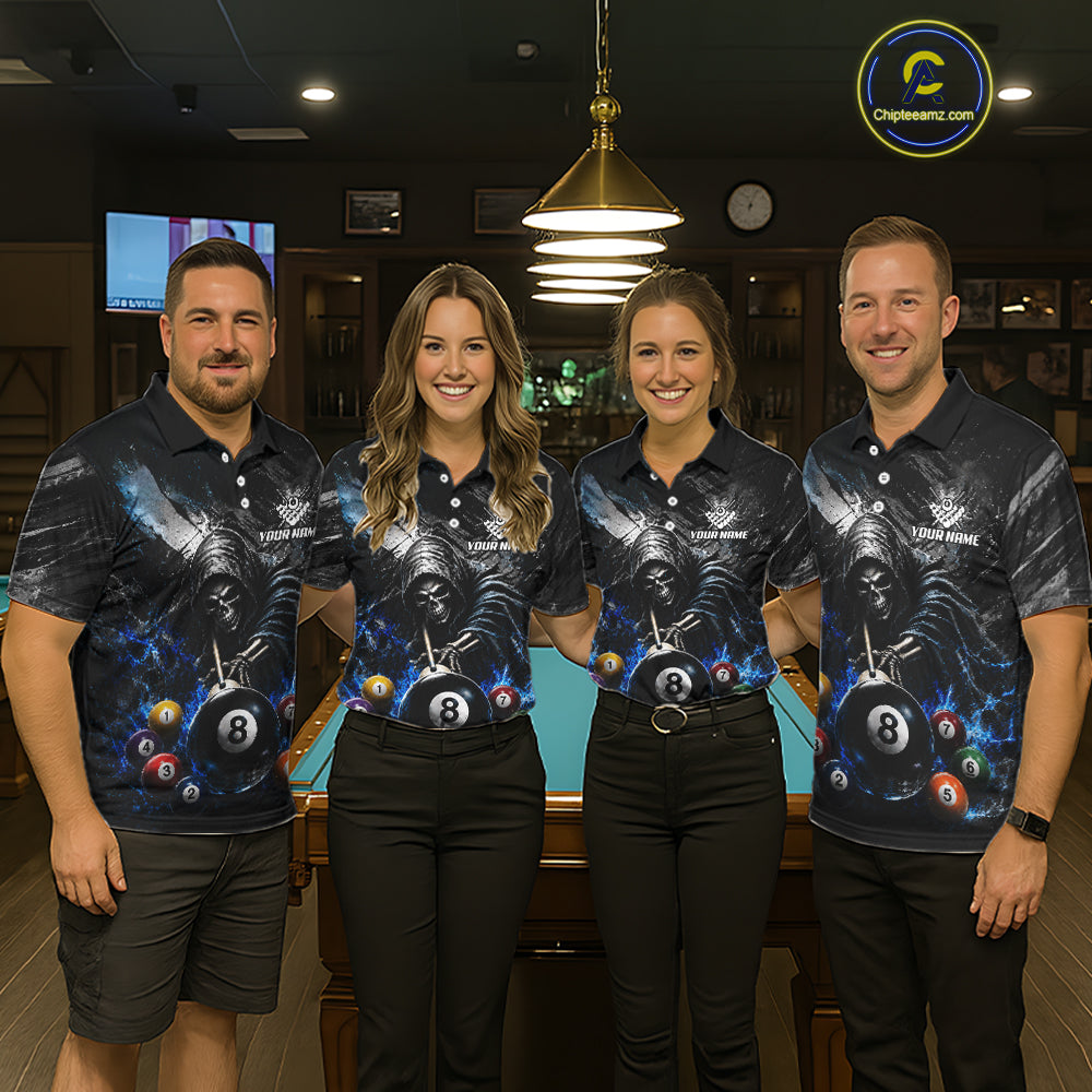 Men women billiard team wearing Blue White Smokes Grim Reaper custom billiards uniforms, personalized team jerseys