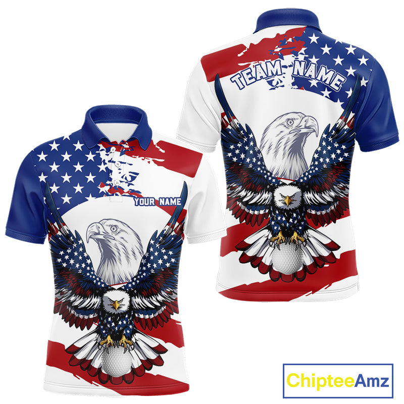 US Flag Eagle Men's Golf Polo Shirt mockup featuring patriotic eagle and golf ball, personalized golf polo, custom golf club apparel, American flag performance golf shirt, golf tournament clothing.