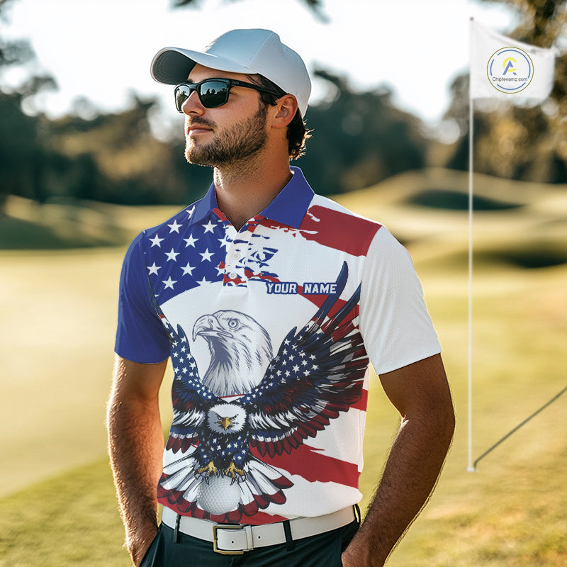 Men's model wearing US Flag Eagle Golf Polo Shirt, patriotic golf apparel, custom golf team clothing, veteran golf outfit, American flag golf fashion, performance polo.
