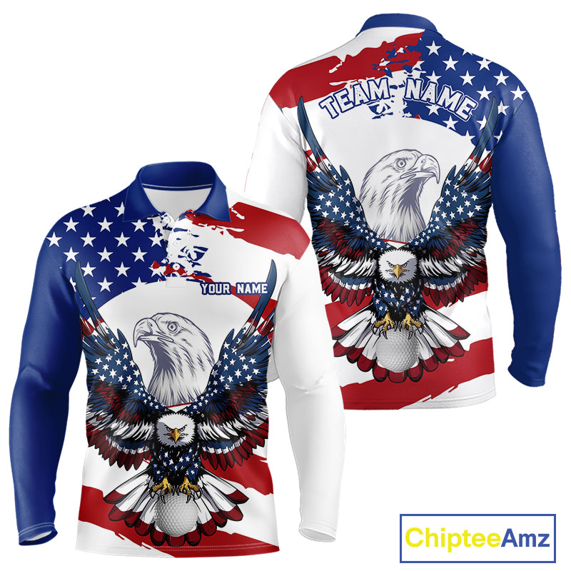US Flag Eagle Men's Golf Polo Shirt mockup featuring patriotic eagle and golf ball, personalized golf polo, custom golf club apparel, American flag performance golf shirt, golf tournament clothing.