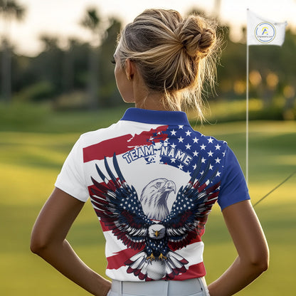 Women's model wearing US Flag Eagle Golf Polo Shirt, patriotic golf apparel, custom golf team outfit, American eagle golf clothing, performance golf fashion, golf club uniform, USA pride sportswear.