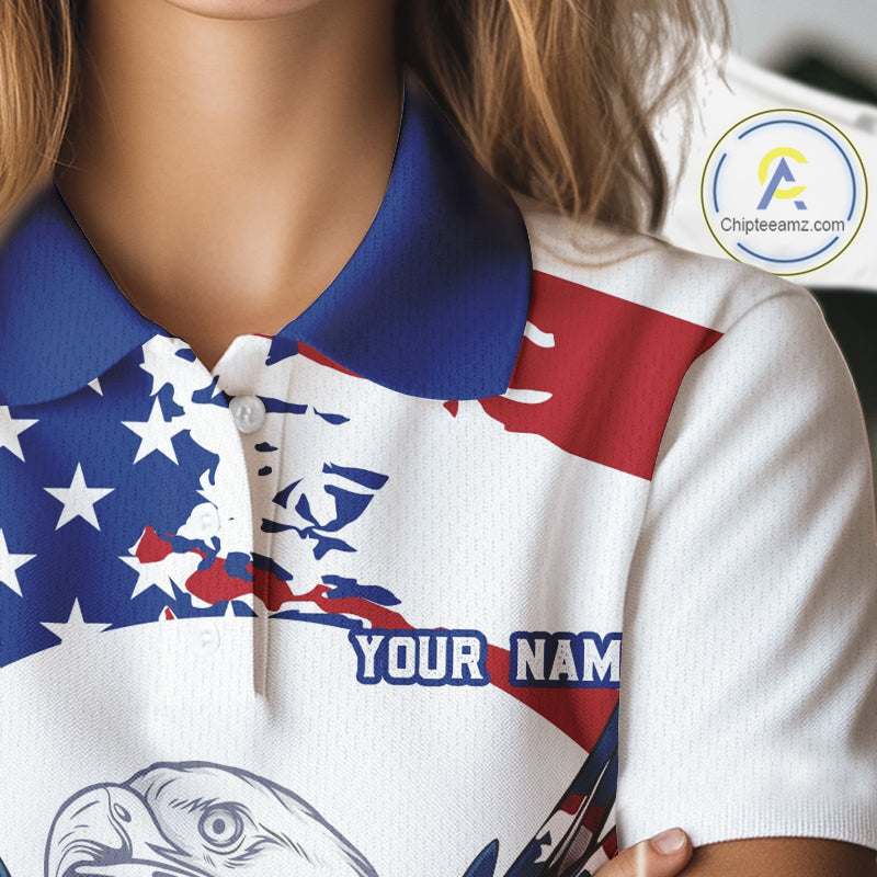 Women's model wearing US Flag Eagle Golf Polo Shirt, patriotic golf apparel, custom golf team outfit, American eagle golf clothing, performance golf fashion, golf club uniform, USA pride sportswear.