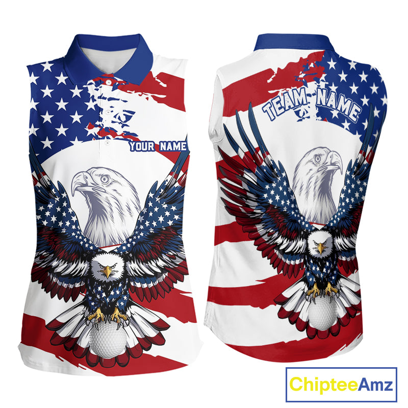 US Flag Eagle Golf Ball Women's Sleeveless Golf Polo mockup featuring patriotic eagle and golf ball design, personalized golf apparel, custom golf team shirt, breathable performance golf clothing, American flag golf outfit, Memorial Day, Independence Day, veteran golf gift.