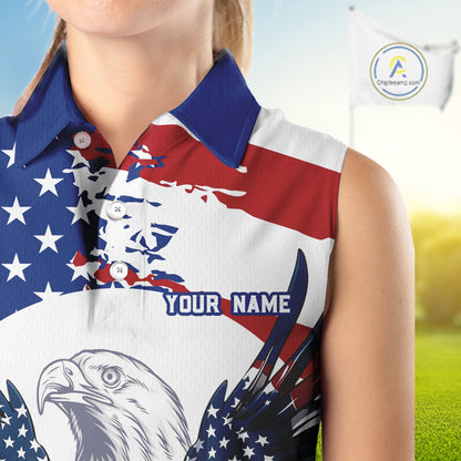 Women's model wearing US Flag Eagle Golf Polo Shirt, patriotic golf apparel, custom golf team outfit, American eagle golf clothing, performance golf fashion, golf club uniform, USA pride sportswear.