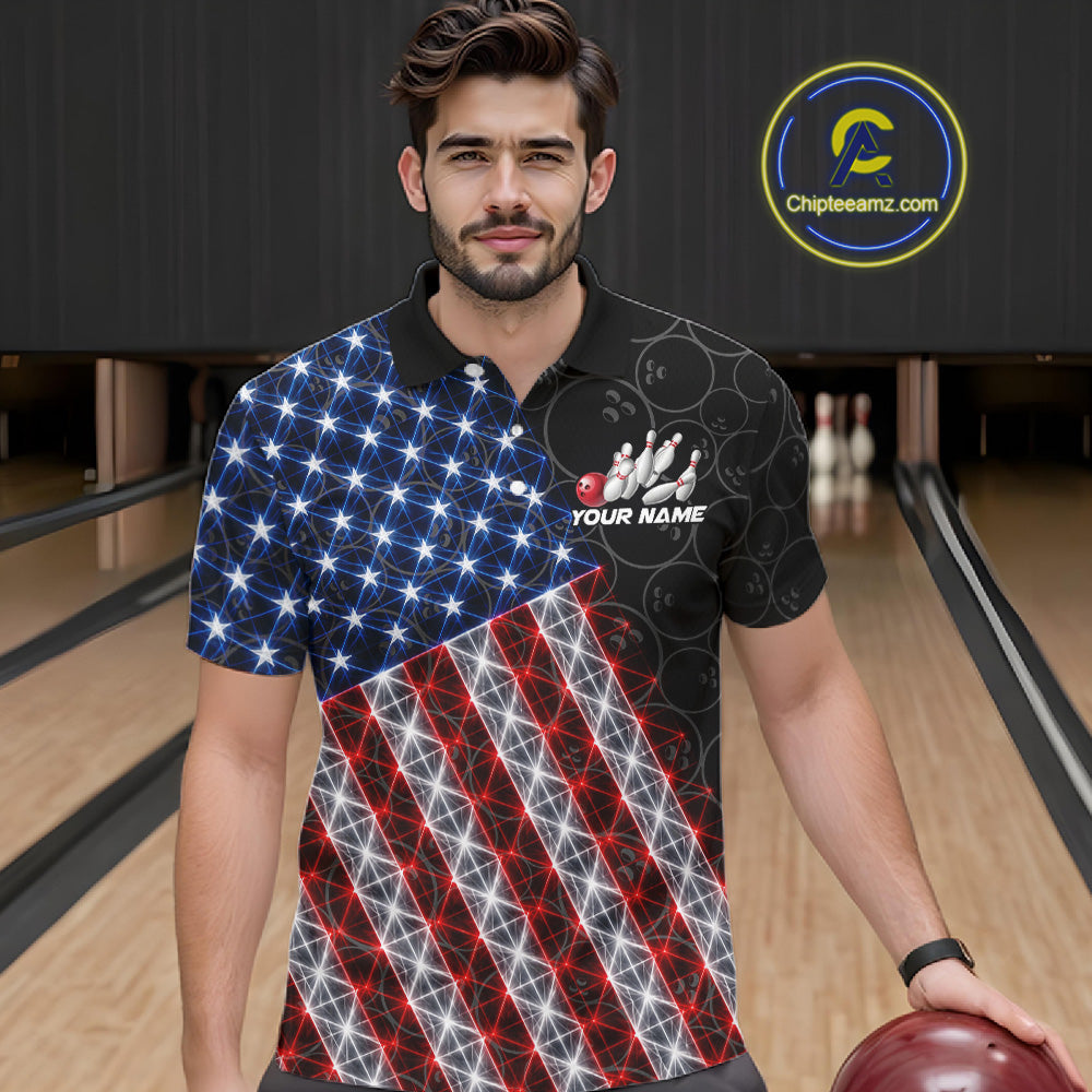 Lightning American Flag Black Bowling Shirts For Men Custom Patriotic Team Bowling Jersey NYN3272