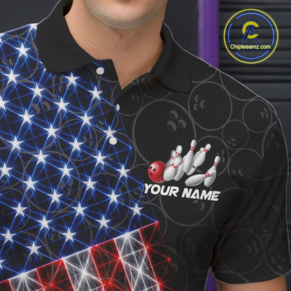 Lightning American Flag Black Bowling Shirts For Men Custom Patriotic Team Bowling Jersey NYN3272