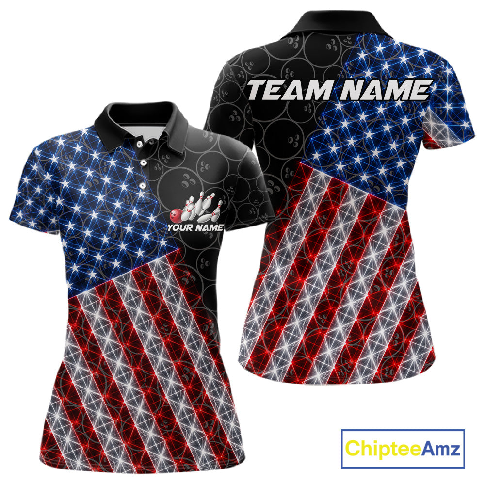 Lightning American Flag Black Bowling Shirts For Women Custom Patriotic Team Bowling Jersey NYN3272