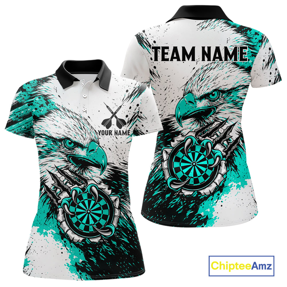 Custom Turquoise Grunge Eagle Scratch Dartboard women's darts polo shirt, personalized dart team jersey, custom dart uniform, dart league apparel, ladies dart shirt, tournament darts jersey, professional dartboard polo
