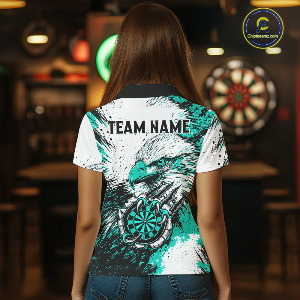 Female darts player wearing Custom Turquoise Grunge Eagle Scratch Dartboard darts jersey during league match and tournament competition, personalized dart apparel