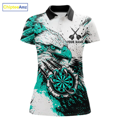 Custom Turquoise Grunge Eagle Scratch Dartboard women's darts polo shirt, personalized dart team jersey, custom dart uniform, dart league apparel, ladies dart shirt, tournament darts jersey, professional dartboard polo