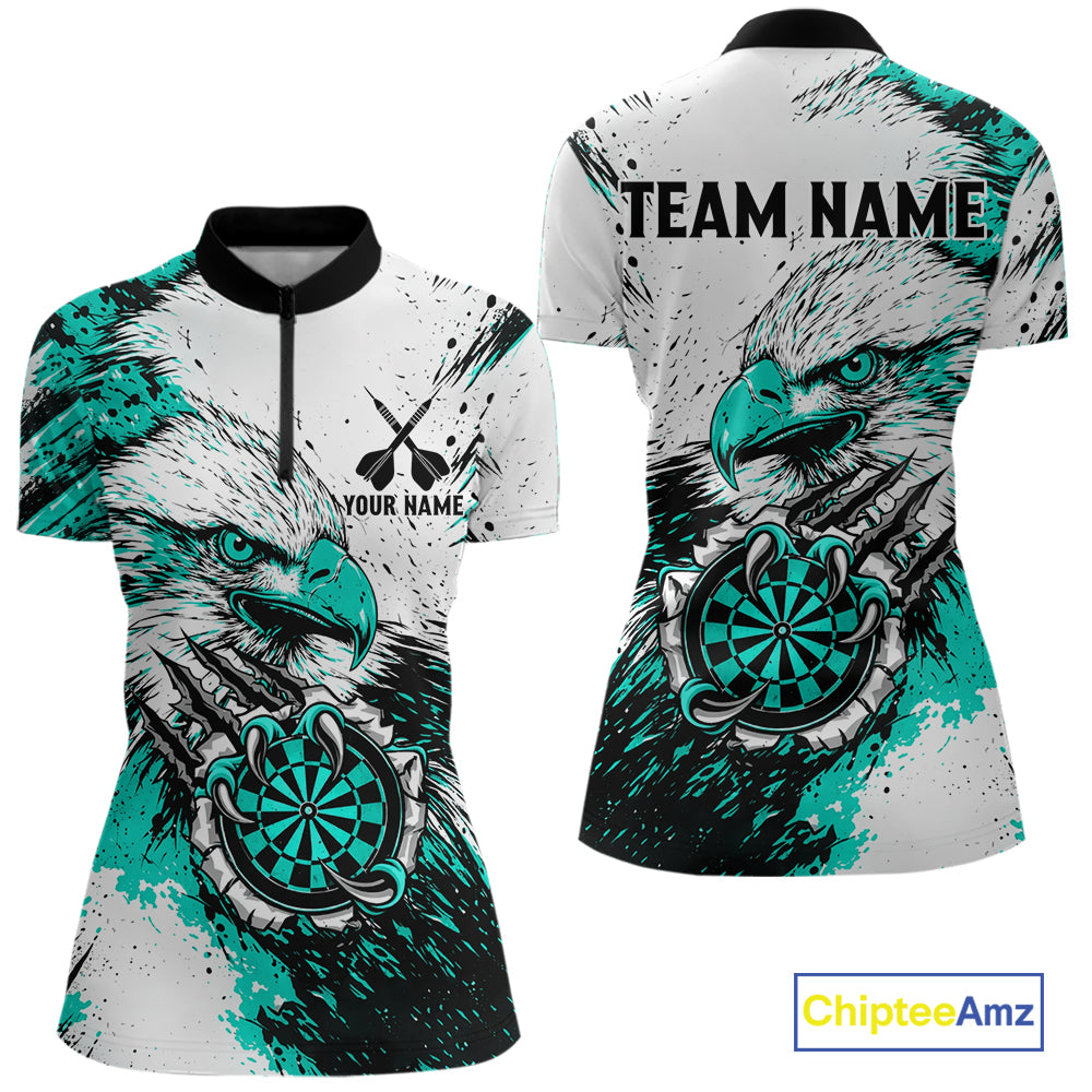 Custom Turquoise Grunge Eagle Scratch Dartboard women's quarter zip darts shirt, personalized dart team jersey, custom darts apparel, competitive darts uniform, dartboard quarter zip shirt
