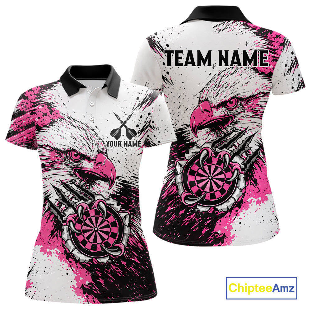 Custom Pink Grunge Eagle Scratch Dartboard women's darts polo shirt, personalized dart team jersey, ladies darts uniform, custom dartboard polo, tournament darts apparel, competitive darts shirt