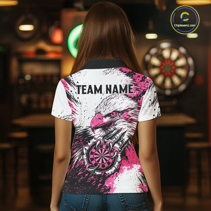 Female darts player wearing Custom Pink Grunge Eagle Scratch Dartboard darts jersey during league competition, custom darts apparel and team uniform