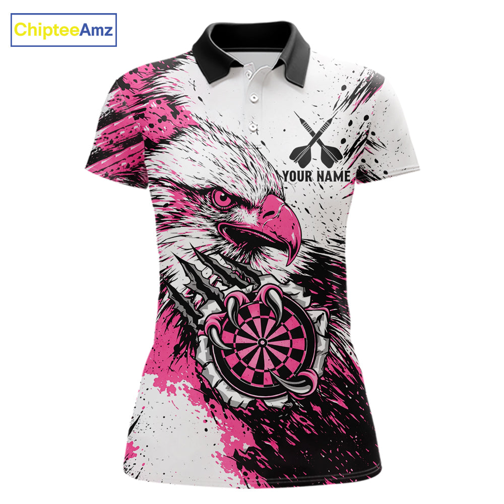 Custom Pink Grunge Eagle Scratch Dartboard women's darts polo shirt, personalized dart team jersey, ladies darts uniform, custom dartboard polo, tournament darts apparel, competitive darts shirt