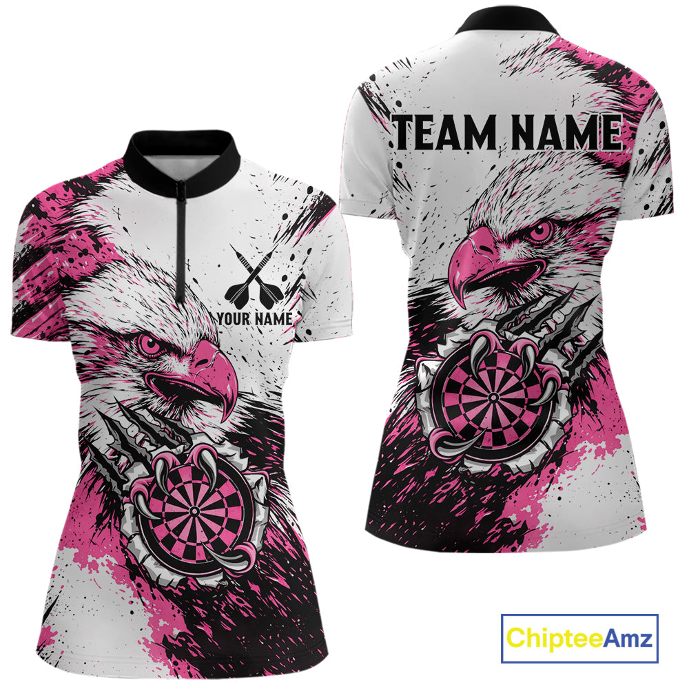 Custom Pink Grunge Eagle Scratch Dartboard women's quarter zip darts shirt, personalized dart team uniform, professional darts apparel, custom dartboard jersey