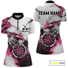 Load image into Gallery viewer, Custom Pink Grunge Eagle Scratch Dartboard women's quarter zip darts shirt, personalized dart team uniform, professional darts apparel, custom dartboard jersey