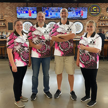 Load image into Gallery viewer, Men women darts team wearing Custom Pink Grunge Eagle Scratch Dartboard personalized team jerseys, professional dart league uniforms and tournament shirts