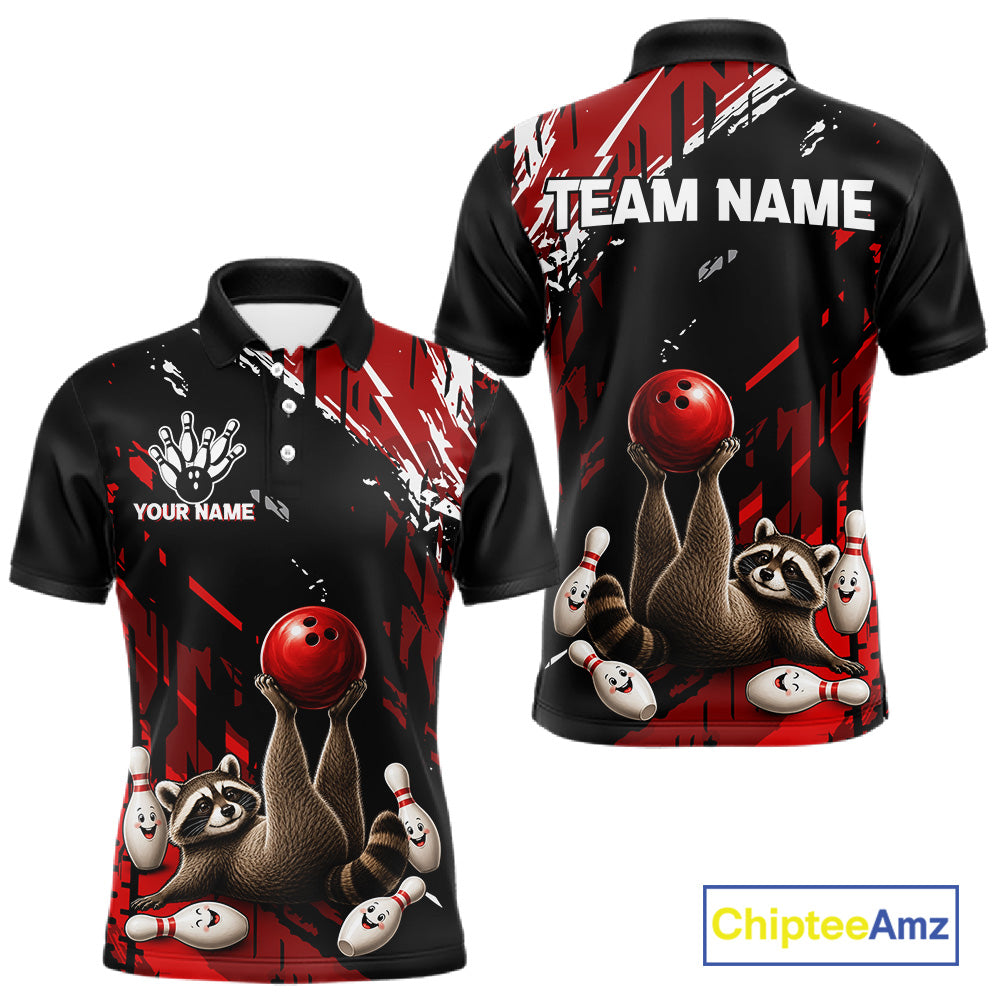 Funny Raccoon Bowling Polo featuring personalized player name, raccoon mascot artwork, moisture-wicking bowling apparel, fun league uniform, custom tournament jersey.